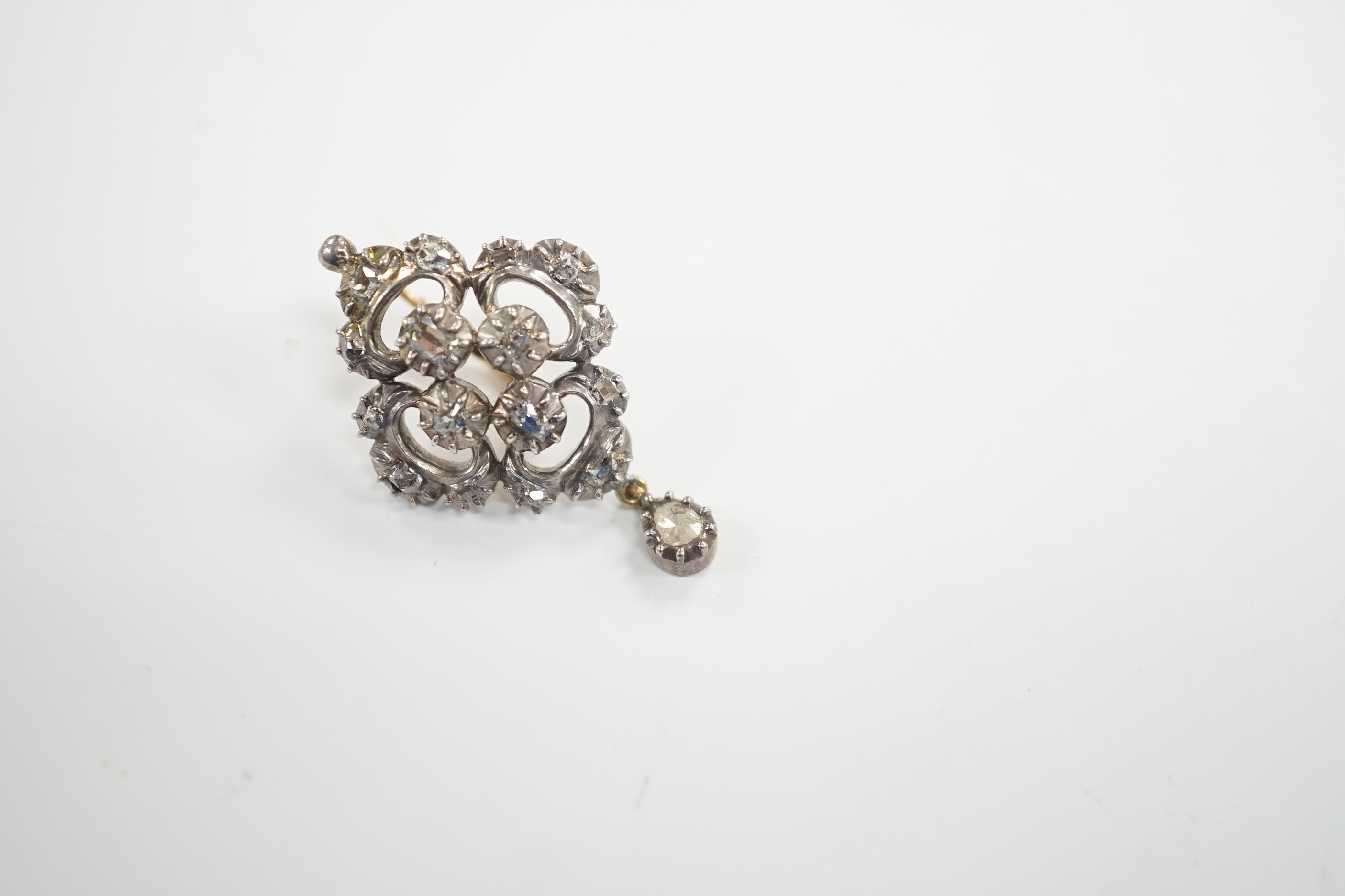 A single antique white and yellow metal and rose cut diamond set drop earring, 34mm, gross weight 6.1 grams.